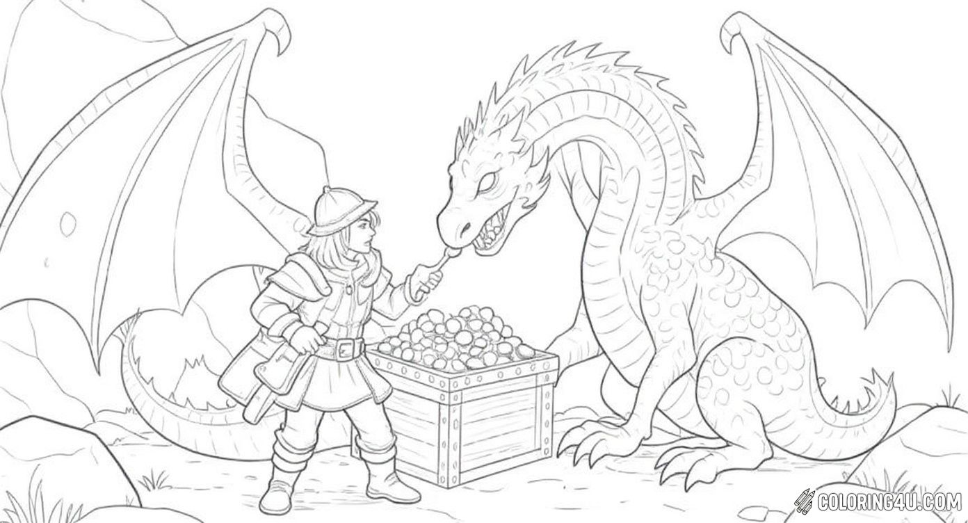 This exciting coloring page shows a brave adventurer facing a large dragon guarding a treasure chest overflowing with gold coins. Kids can imagine the daring moment of friendship or challenge as the adventurer approaches the mighty dragon with courage and curiosity.