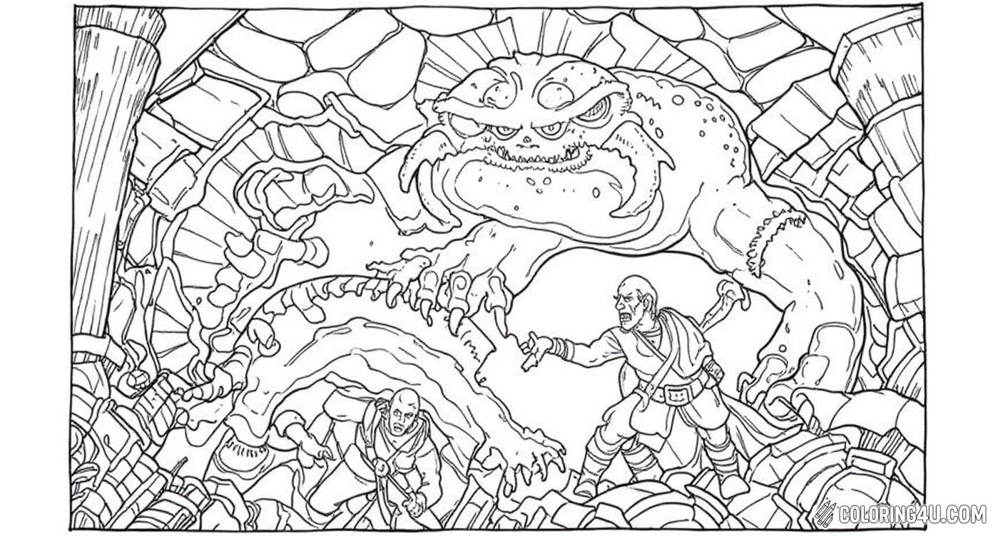 Get ready for a thrilling escape with this action-packed coloring page showing a group of adventurers encountering a fierce, monstrous creature in a crumbling dungeon. Kids can have fun coloring the intense expressions and dramatic scene as the heroes face danger and fight for survival.
