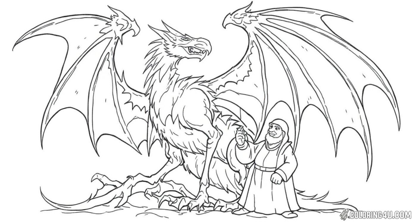 Enter a magical world with this enchanting coloring page featuring a majestic griffin and a fiery dragon soaring in the sky, while a cheerful dwarf gives a thumbs-up from ancient stone steps. Children can bring this mythical scene to life with their favorite colors and dream of fantastic adventures.