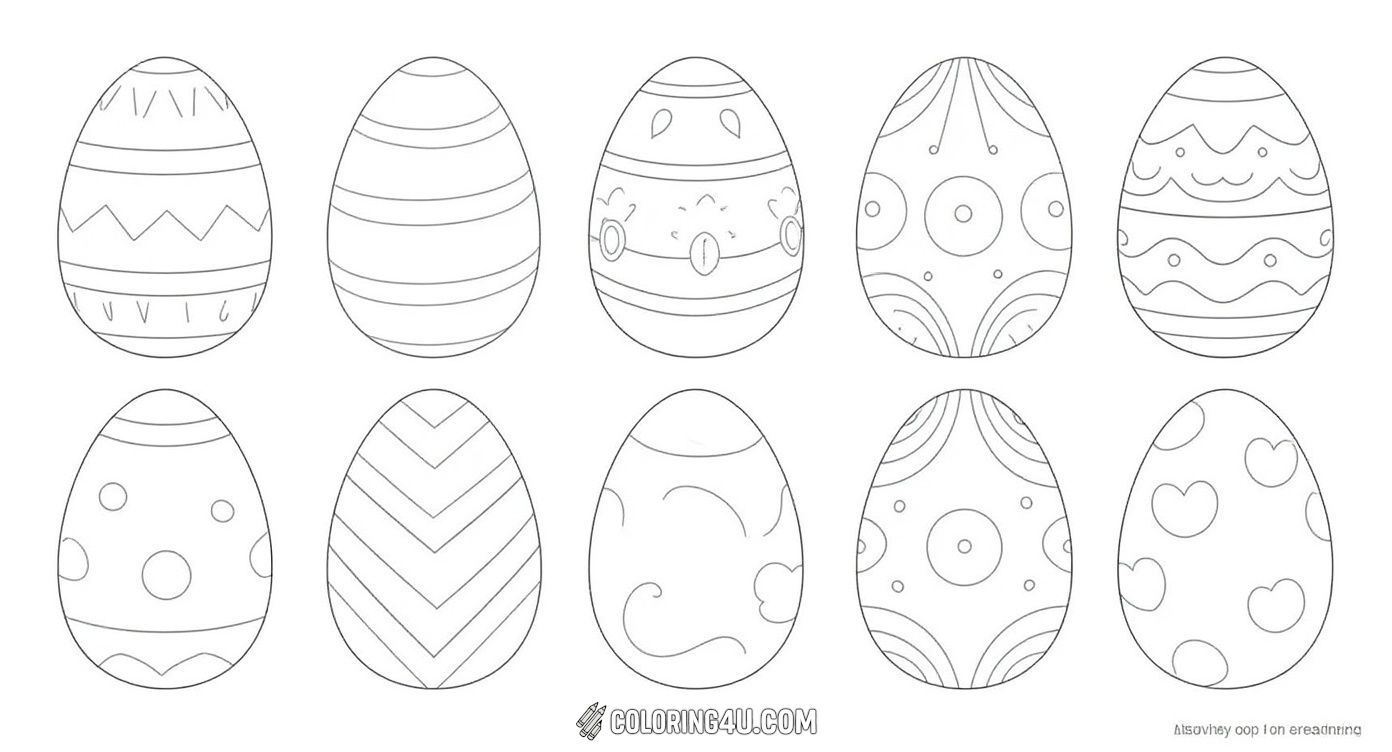 This fun coloring page features nine unique Easter eggs, each decorated with different patterns like hearts, waves, stripes, and dots. Kids will enjoy bringing these festive eggs to life with their favorite colors, practicing creativity and fine motor skills.