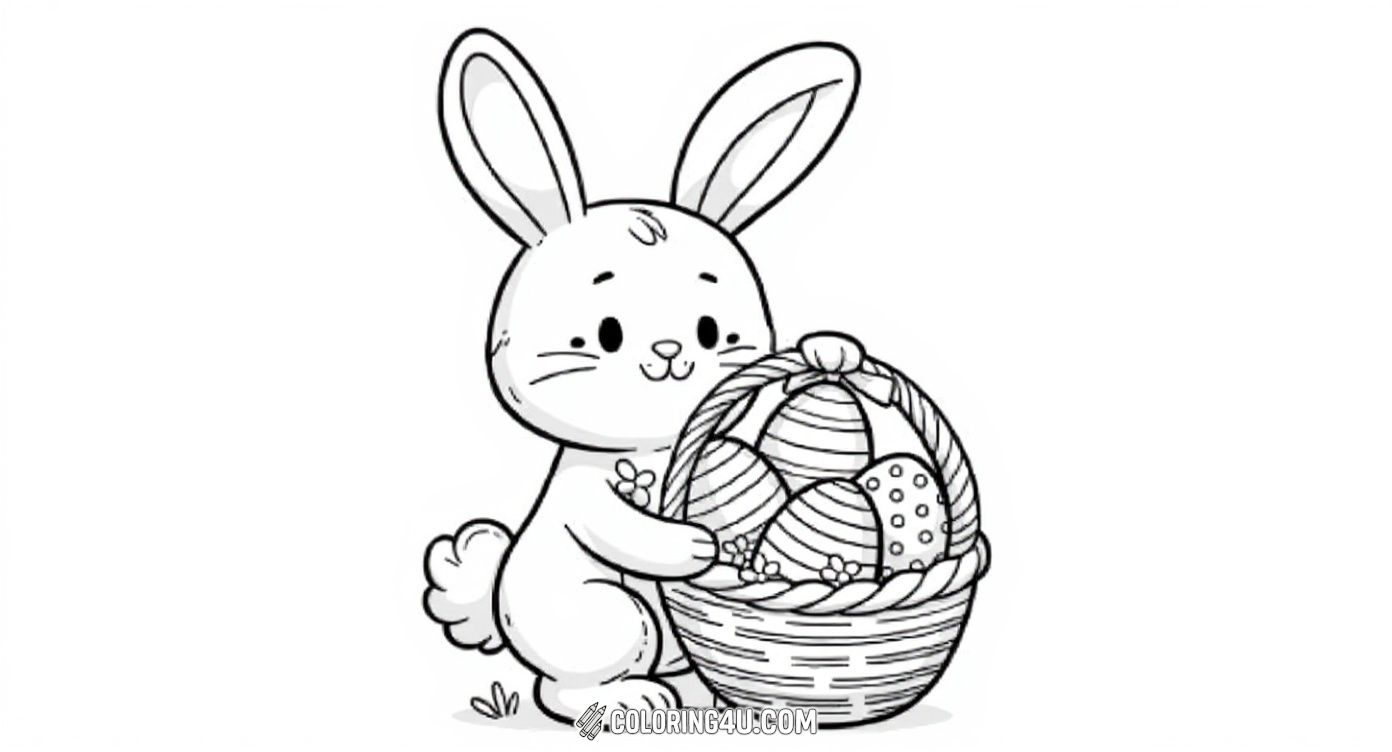 This cute Easter coloring page from ABCmouse features an adorable bunny happily presenting a basket filled with different decorative Easter eggs. Perfect for young children, it offers a charming and simple design that inspires creativity and holiday cheer.