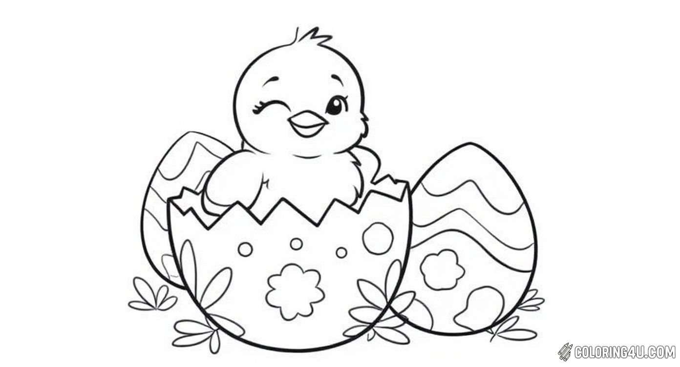 This charming Easter coloring page shows a joyful chick happily hatching from a decorated Easter egg with more beautifully patterned eggs surrounding it. It’s perfect for children to bring bright springtime colors and cheer to this heartwarming scene.