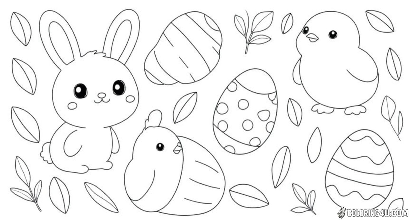 This fun and lively coloring page is filled with Easter-themed elements including a sweet bunny, a happy chick, festive carrots, decorated eggs, flowers, and leaves. Kids will enjoy coloring each delightful detail while celebrating the excitement of Easter.