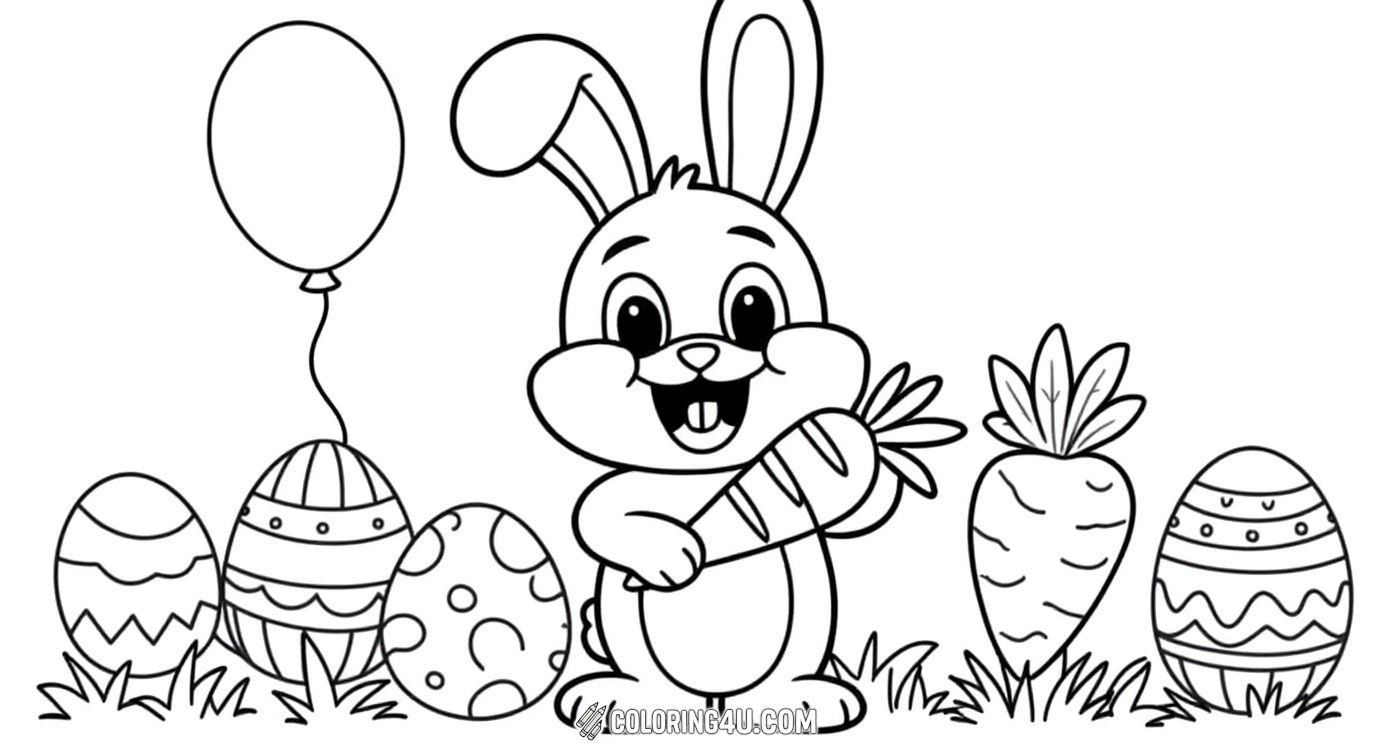 Celebrate Easter with this fun coloring page where a happy bunny stands among decorated Easter eggs, holding a carrot and a balloon that reads 'Happy Easter!'. Flowers bloom in the background, creating a festive and cheerful scene for children to color and enjoy.