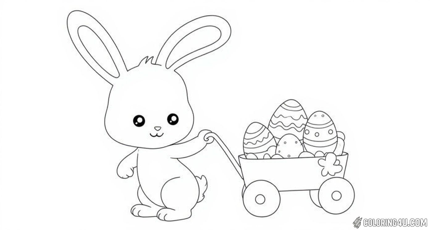 This adorable coloring page features a cute bunny pulling a wagon filled with beautifully decorated Easter eggs. The cheerful message 'Some Bunny Loves You' invites kids to add vibrant colors and spread love and joy during the Easter season.