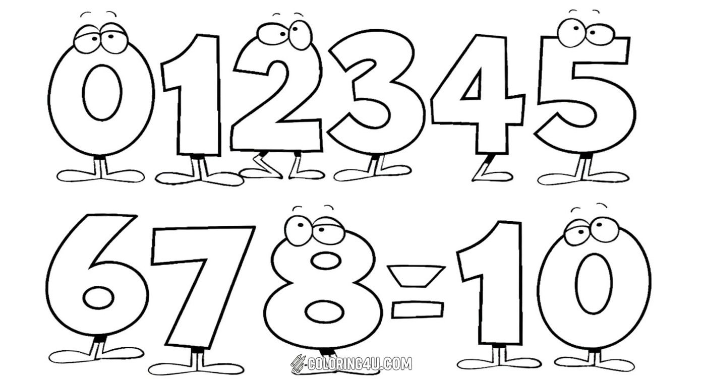 Join the cheerful numbers from 0 to 10, each with eyes and legs, ready to be colored and come to life! This playful coloring page helps children recognize numbers and enjoy a creative activity where numbers look like funny characters, making learning math exciting and interactive.