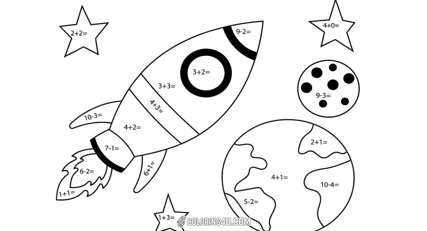 Blast off into learning with this space-themed math color-by-number worksheet! Solve simple addition and subtraction problems found on a rocket, stars, planet Earth, and a spotted moon. Use the color key to fill in the picture and bring this fun outer space adventure to life while practicing math skills.