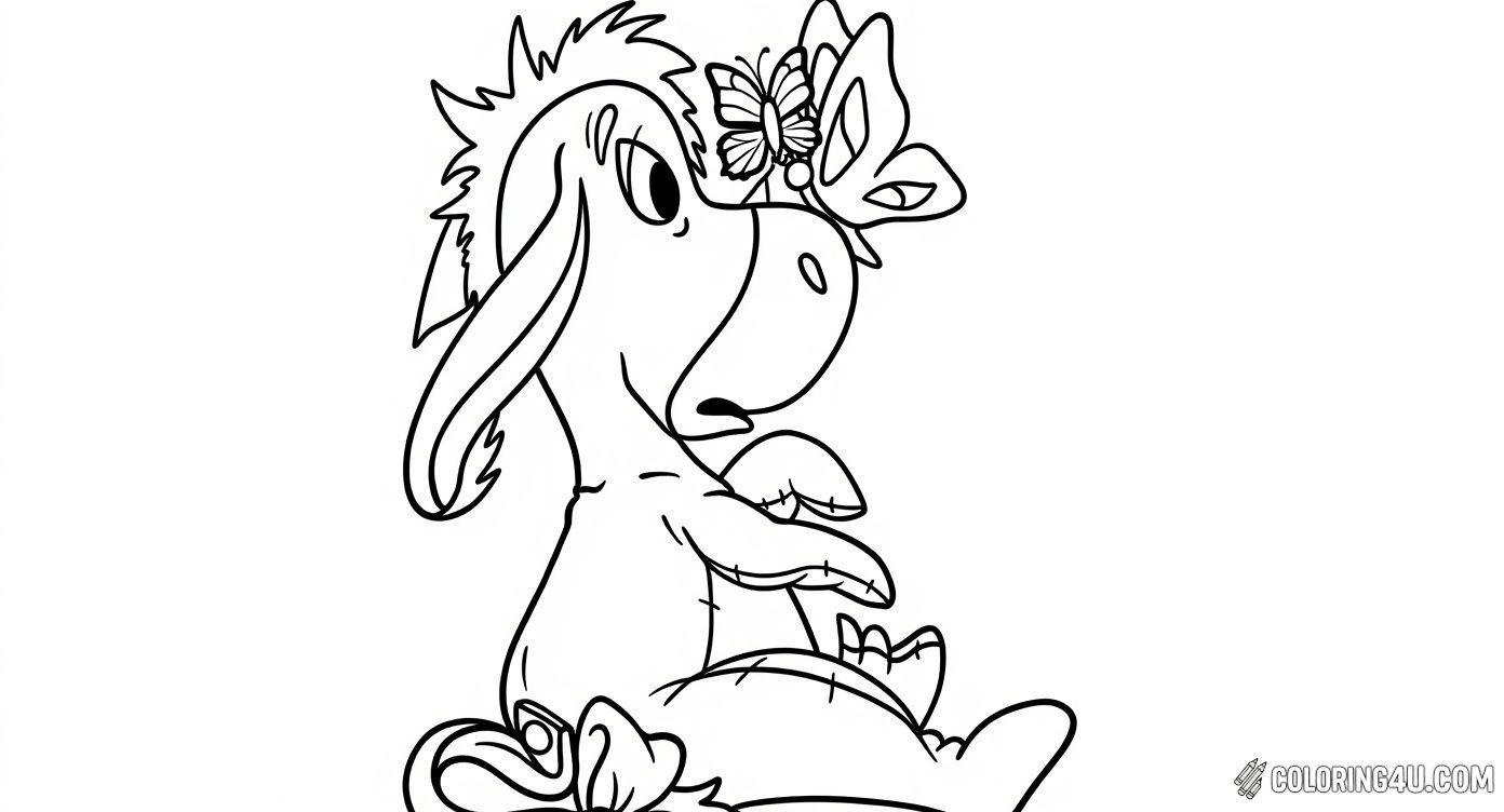 Here is a charming scene of Eeyore from Winnie the Pooh as he gently gazes at a delicate butterfly perched on his nose. This fun and sweet moment invites kids to color the friendly donkey and the butterfly with vibrant hues!