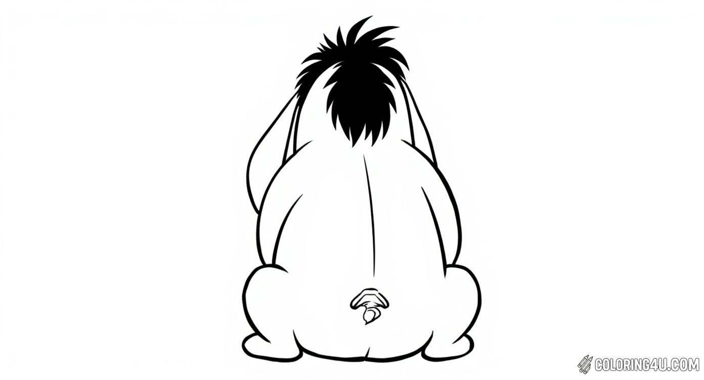 This coloring page shows Eeyore from Winnie the Pooh looking back over his shoulder with his classic sad expression. Kids can enjoy coloring his fluffy tail tied with a bow and bring to life this iconic character from the beloved story.