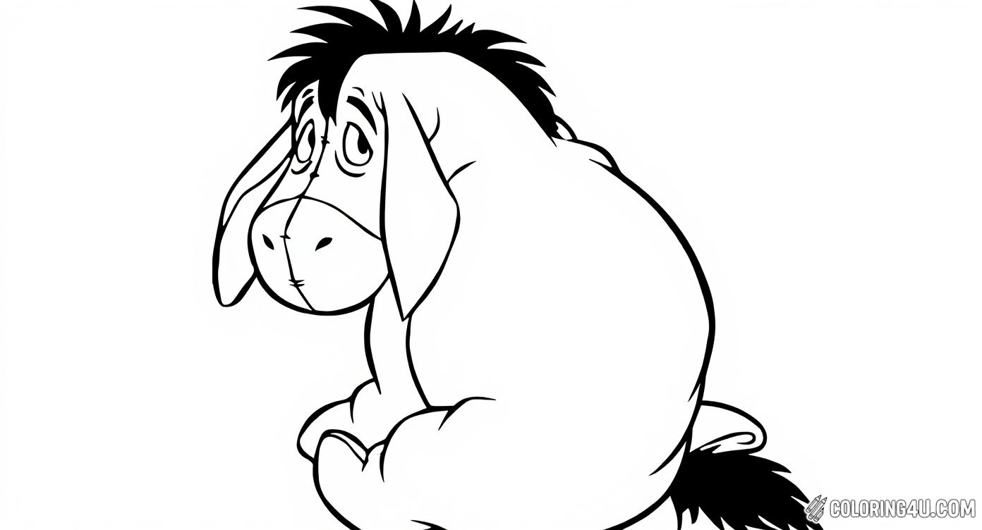 This fun coloring page features Eeyore from Winnie the Pooh sitting with his back turned, looking over his shoulder with his signature gloomy expression. The image invites kids to add shades and textures to Eeyore’s mane, tail bow, and expressive eyes, making it a great way to enjoy a classic character.