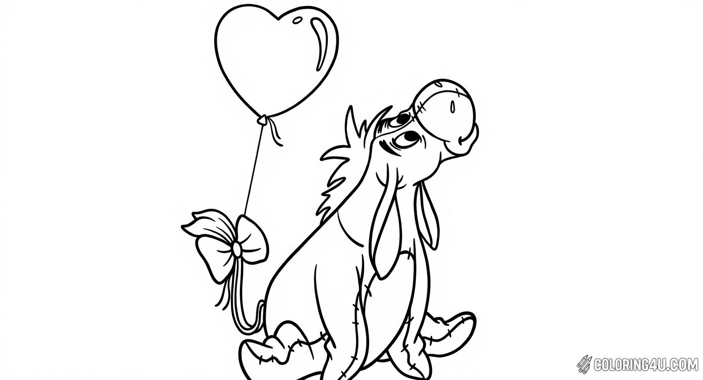 This delightful coloring page features Eeyore, the lovable donkey from Winnie the Pooh, sitting quietly with a big heart-shaped balloon tied to his tail decorated with a bow. Kids can add their favorite colors to brighten Eeyore's cheerful yet thoughtful expression.
