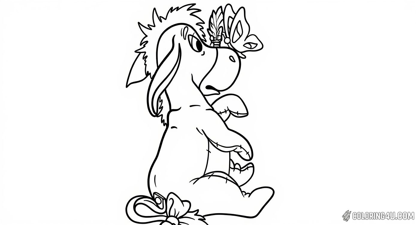 This delightful coloring page shows Eeyore from Winnie the Pooh sitting calmly while a butterfly lands gently on his nose. Kids can bring this tender moment to life by coloring Eeyore’s stitched details and the beautiful butterfly, perfect for sparking creativity and imagination.