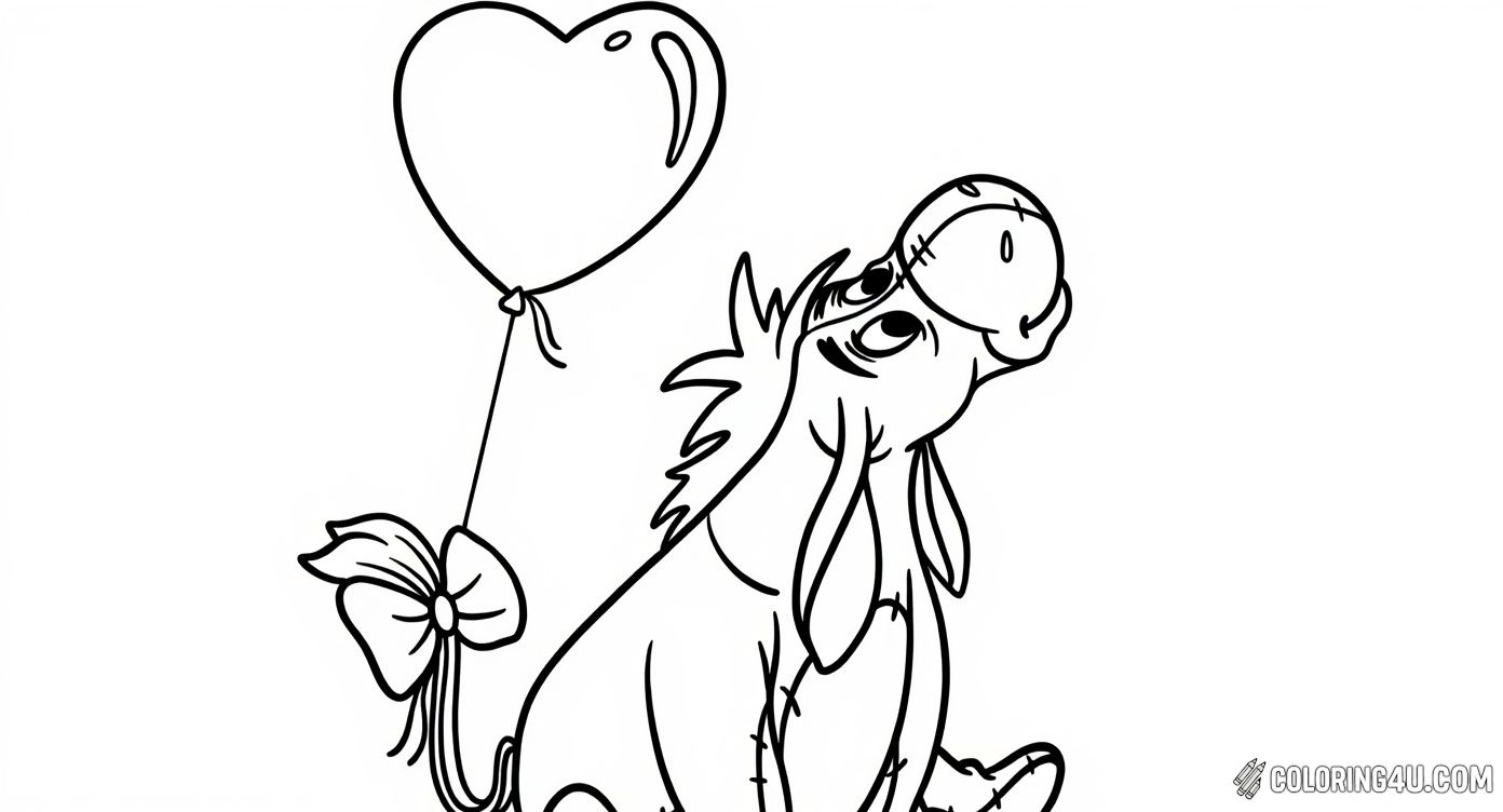 Here is a charming coloring page featuring Eeyore from Winnie the Pooh holding a heart-shaped balloon tied to his tail with a big bow. Kids can enjoy adding their favorite colors to this lovable, slightly gloomy donkey as he gazes upwards with sweet anticipation.