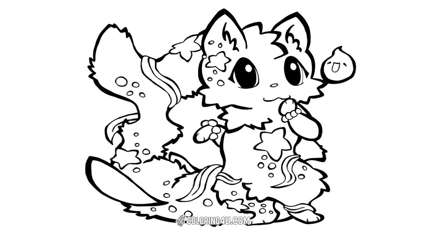 Discover the magic of this charming water elemental kitty with starry patterns and whimsical waves! Perfect for kids who love cute creatures and magical stories, this page offers endless fun to color the delightful character and its bubbly friend.