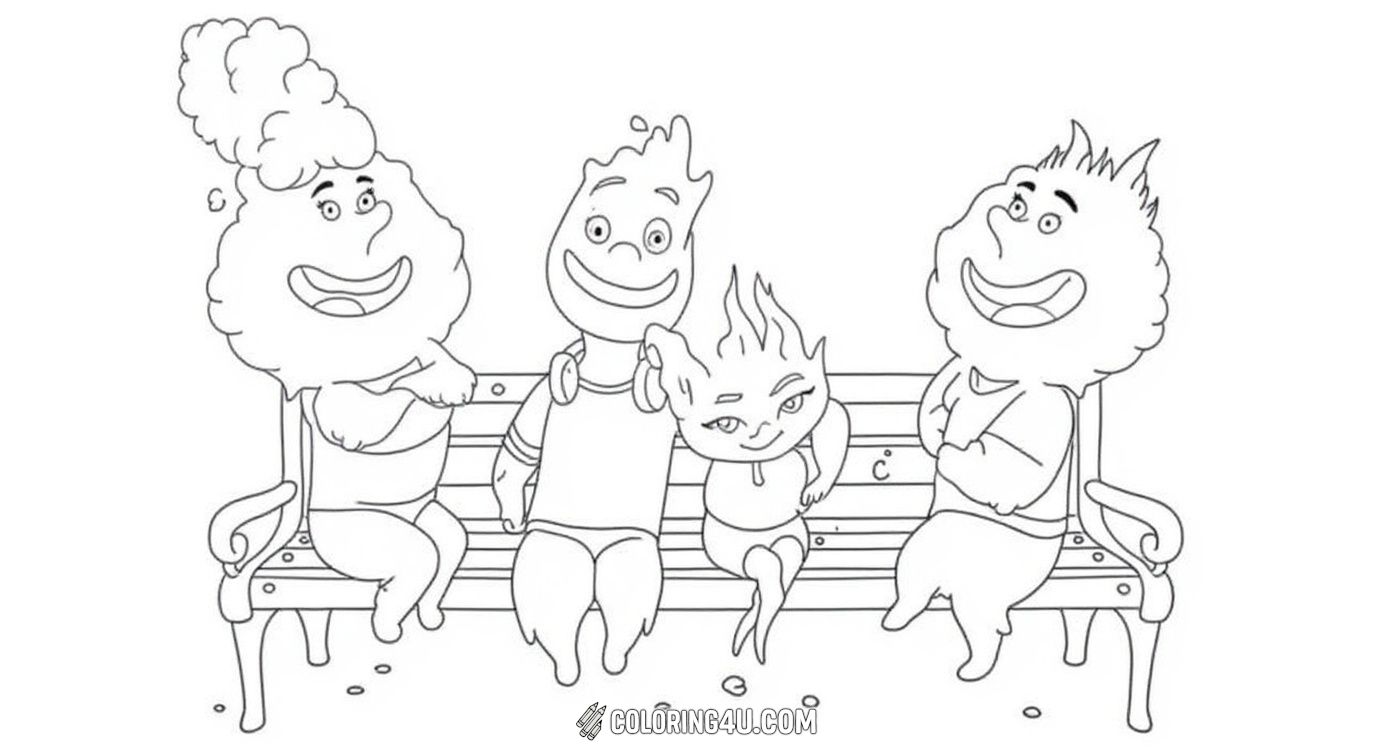 Meet these adorable elemental friends chilling on a park bench! With playful personalities made of fire and steam, this fun scene invites kids to explore their creativity by coloring these cheerful characters and their magical world.