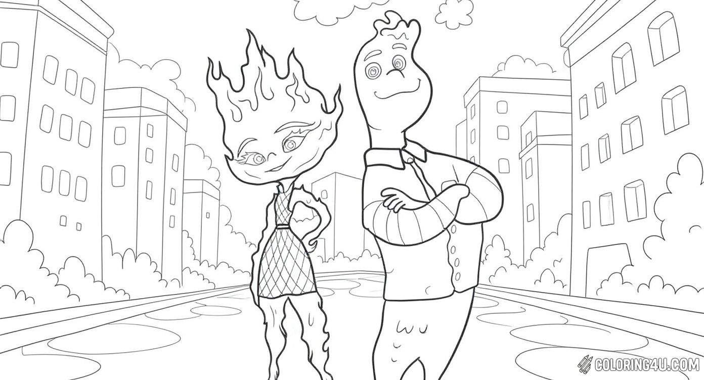 In this lively city scene, Ember the fire spirit and Wade the water spirit from Elemental stand side by side. Kids can have fun coloring their unique features and the impressive urban background, mixing vibrant flames and calming water hues!
