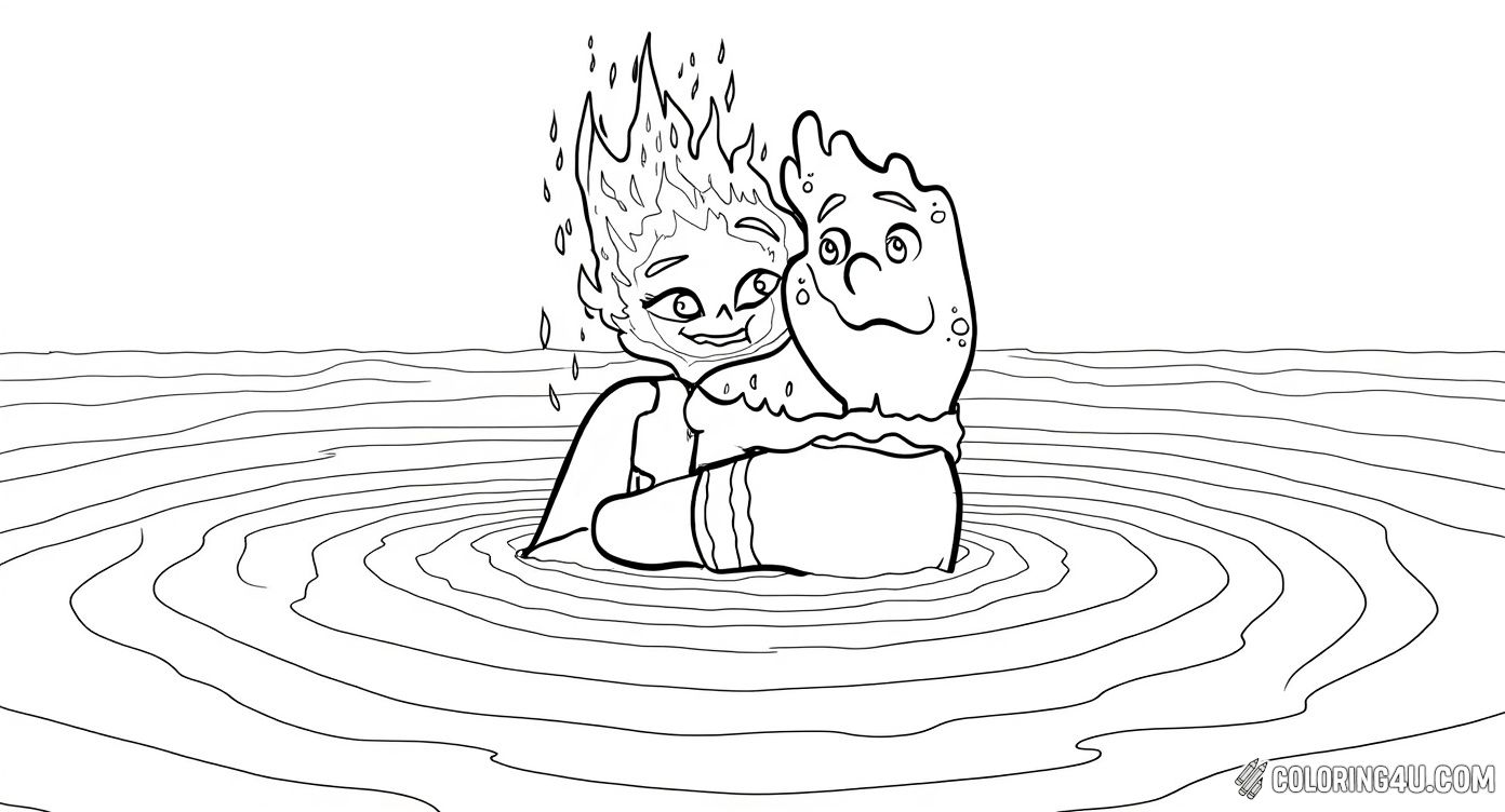 Here, Ember and Wade, the lovable fire and water characters from Elemental, share a warm hug surrounded by splashing water. This adorable moment invites kids to use their creativity to add colors that capture the magic of friendship and harmony between fire and water.