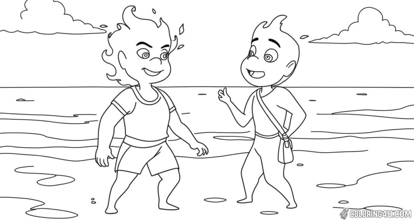 Bring to life Ember and Wade from the movie Elemental as they enjoy a day at the beach! With Ember's flames and Wade's water-like form, this coloring page offers a fantastic chance for kids to use their creativity to color the sunshine, waves, and these elemental friends.