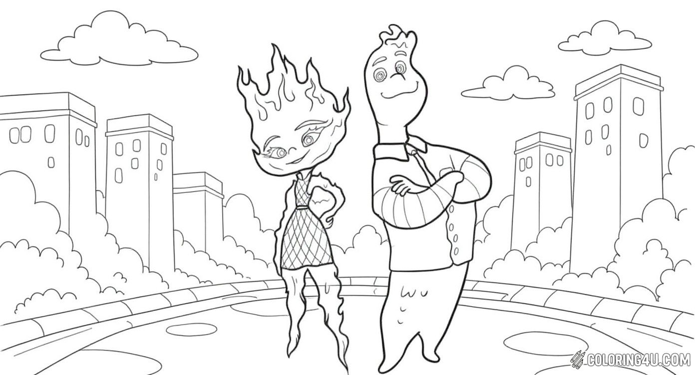 Join Ember and Wade, two unique characters from the movie Elemental, as they stand together in a lively city setting. Ember is glowing with flames, and Wade looks cool and watery. Kids can have fun coloring their playful personalities and the bustling background.