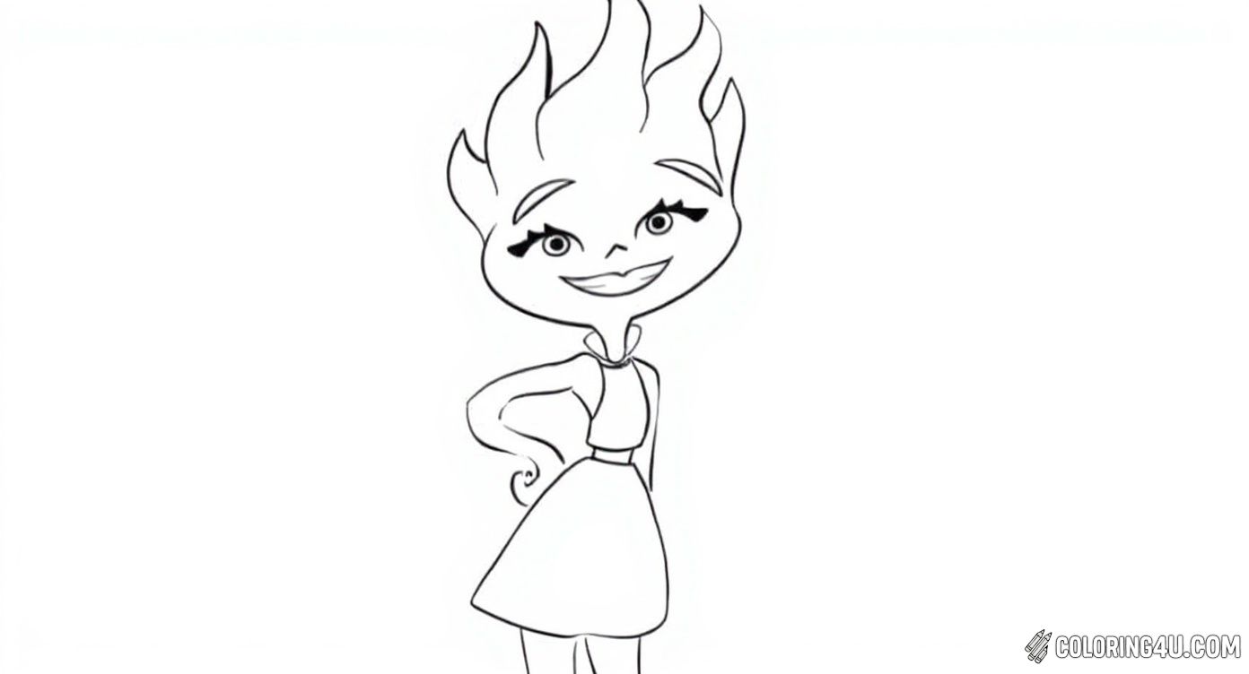 This cute coloring page features Ember, a fiery character from the movie Elemental. Kids can enjoy bringing Ember to life with bright and warm colors as she stands confidently with a big smile, ready to light up your imagination!