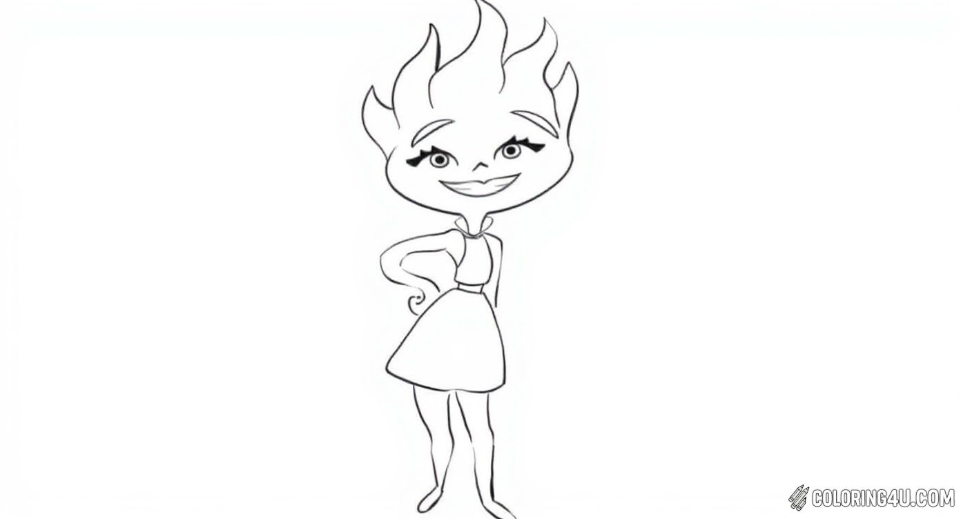 Meet Ember, a cheerful and fiery character from the movie Elemental! She has a bright flame for hair and is wearing a stylish dress. This fun coloring page invites kids to bring Ember to life with vibrant colors and imagination.