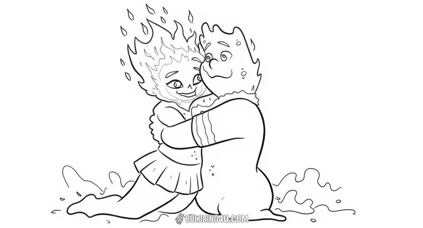 This delightful coloring page features two charming elemental characters, a fire girl and a water boy, sharing a warm hug surrounded by playful splashes. Kids can have fun bringing these friendly friends to life with their favorite colors while imagining the magical world where fire and water get along in perfect harmony.