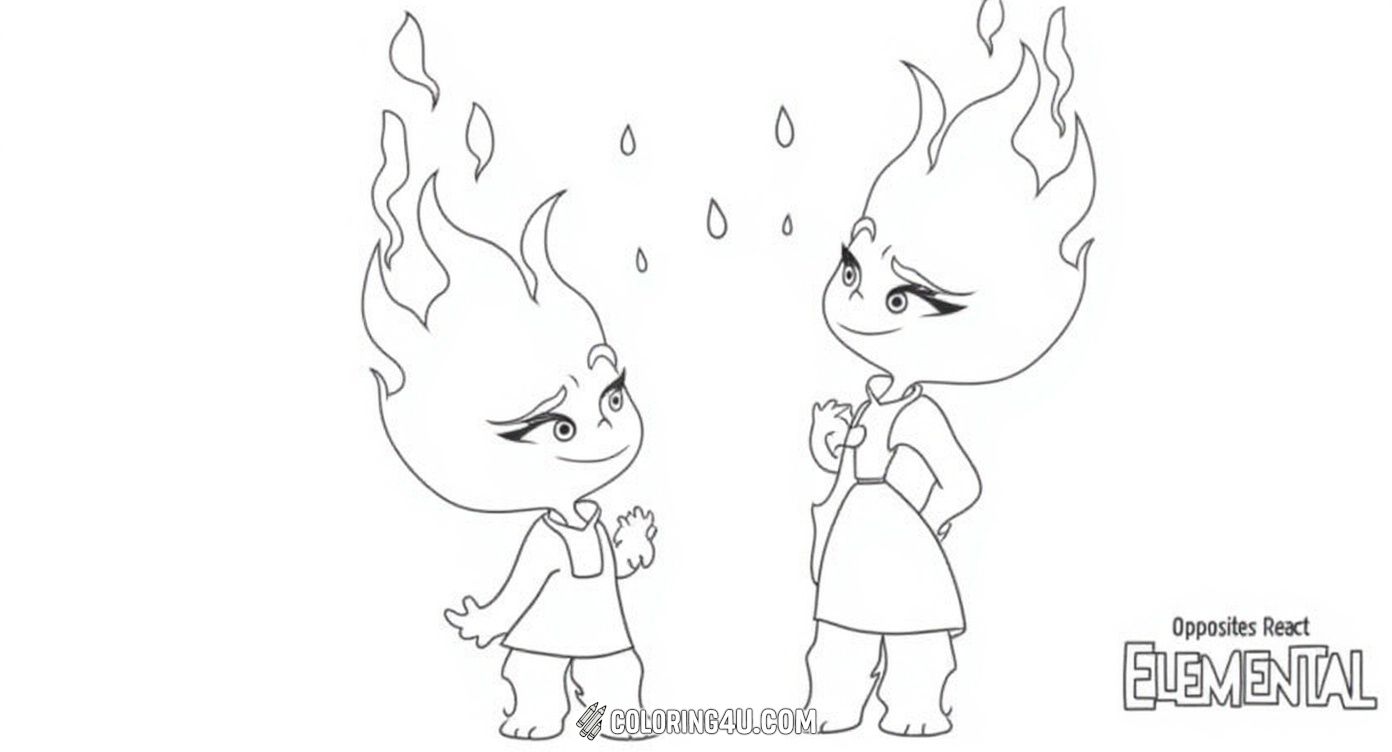 Get creative with this fun coloring page showing the fire and water elemental characters reacting to each other with amusing expressions. The fire girl stands confidently, while the water boy is humorously upside down, dripping water. This page invites kids to explore the unique personalities of these opposites and brighten the scene with vibrant colors.