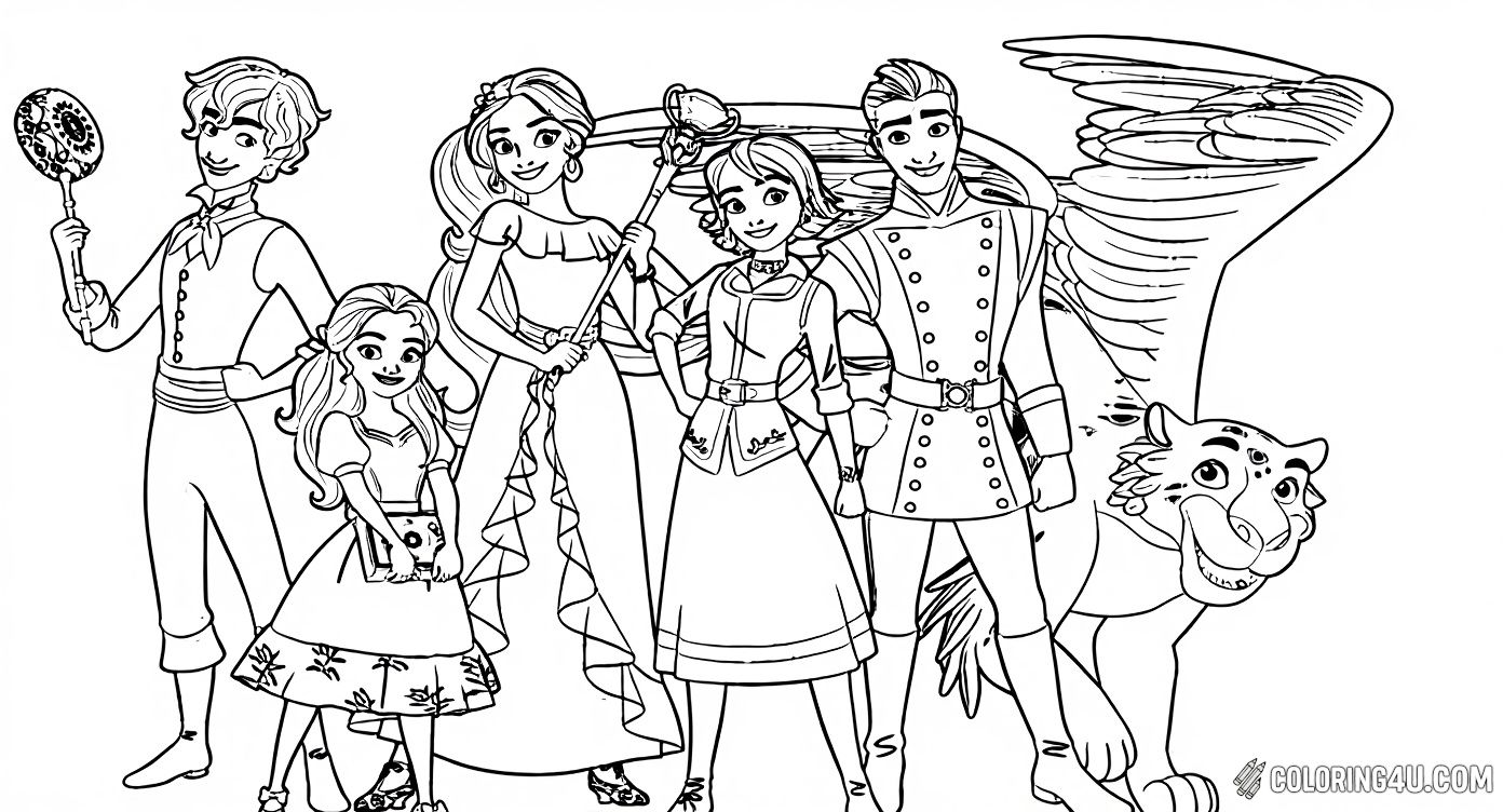 Meet Elena of Avalor and her wonderful friends and family in this fun coloring page. Featuring Mateo, Isabel, Naomi, Gabe, and Skylar the flying jaguar, children can color each character and their unique outfits while exploring the enchanted world of Avalor.