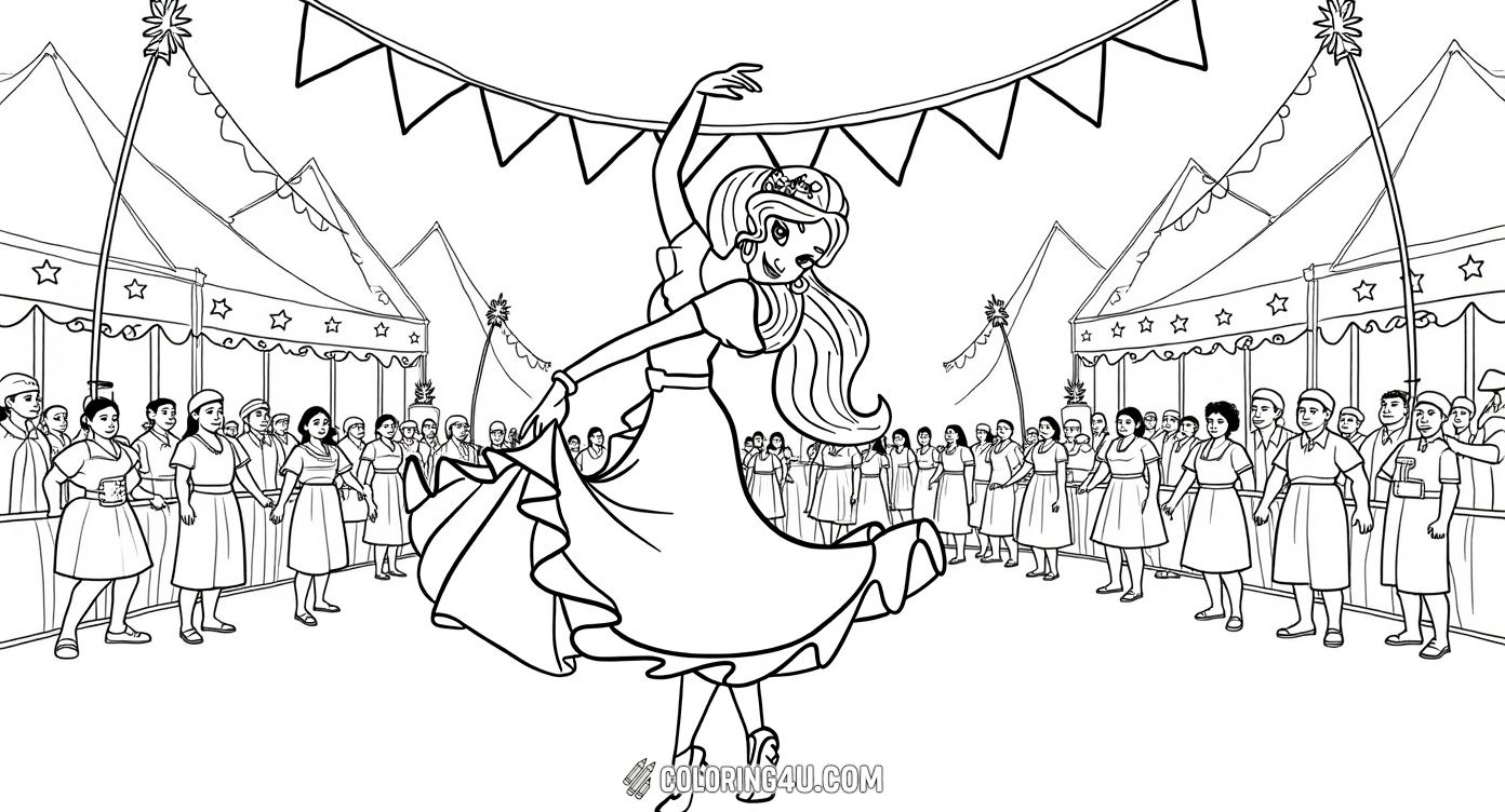 Join Princess Elena from Elena of Avalor in a joyful dance at a lively festival! This coloring sheet captures her twirling elegantly in her traditional dress surrounded by stars, inviting kids to add vibrant colors and bring the festive spirit to life.