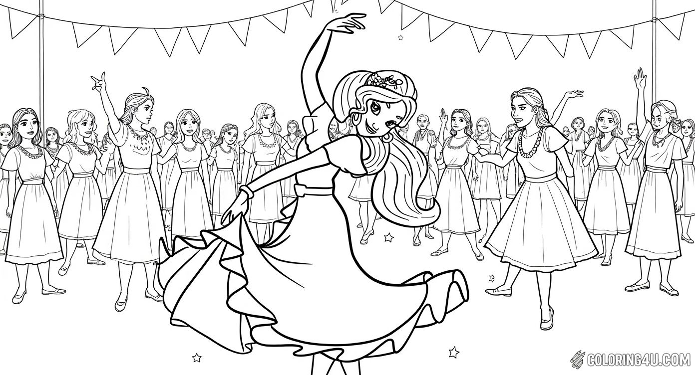 Join Princess Elena of Avalor in this lively coloring page where she is dancing joyfully at a festival. With her beautiful dress flowing and stars twinkling around her, kids can bring this magical moment to life with their favorite colors!