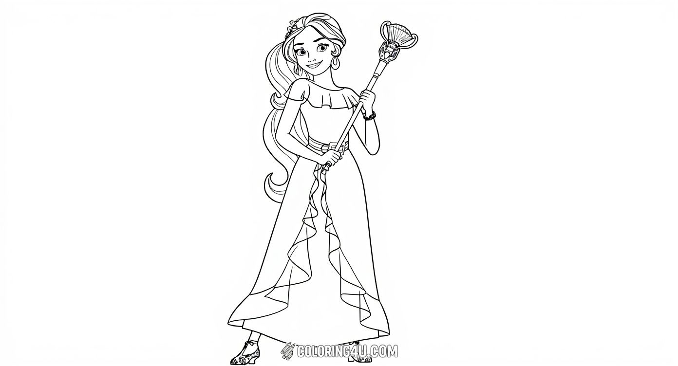 Bring to life this charming illustration of Princess Elena from Elena of Avalor holding her unique staff. Kids can enjoy coloring her confident smile and flowing dress, making this a perfect activity for fans of this brave and adventurous princess.