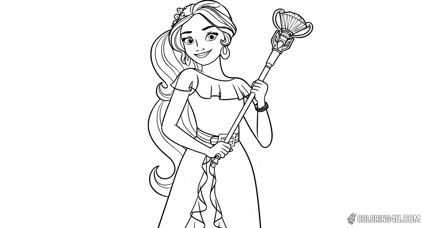 Color a stunning image of Princess Elena from the beloved Disney series Elena of Avalor. She stands confidently holding her magical scepter, ready to protect her kingdom. This page invites kids to add vibrant colors to Elena’s elegant dress and the magical details of her scepter!
