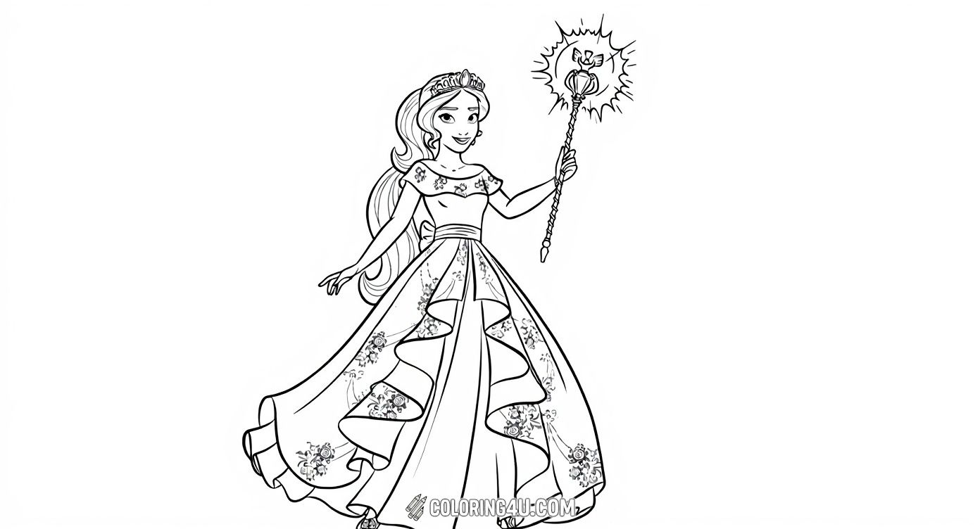 Color the beautiful Princess Elena from Elena of Avalor as she stands gracefully holding her magical staff. This detailed coloring page shows her in a flowing gown decorated with floral patterns, perfect for kids who love princesses and magical adventures.