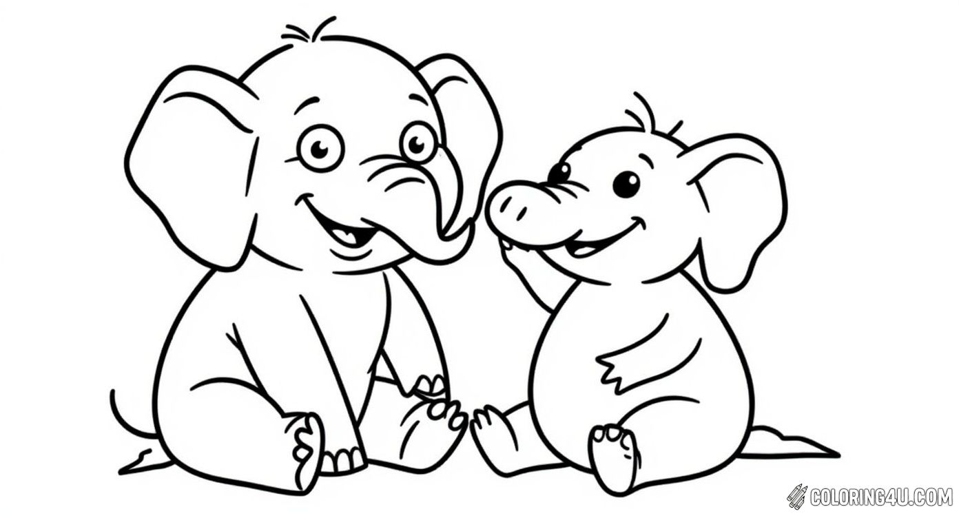 Color this cute scene featuring an elephant and piggie sitting side by side, sharing a peaceful moment. Their friendly smiles and relaxed posture create a perfect picture of friendship that kids will love to color.