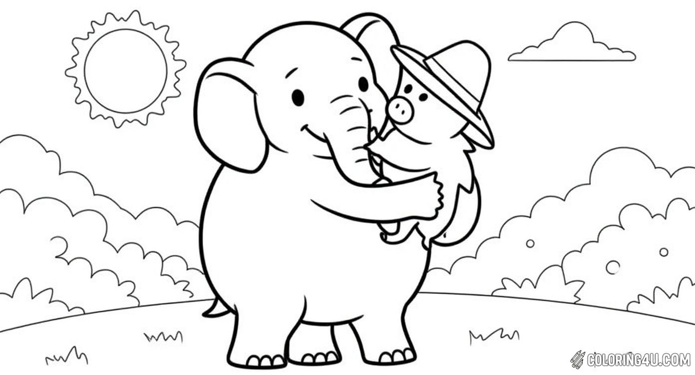 Elephant Holding Piggie With Bird Hat Sunny Day