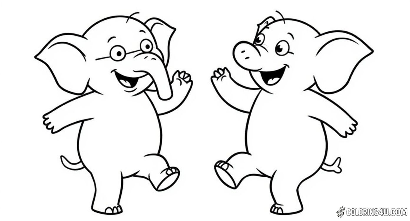 Join the cheerful elephant and piggie as they dance happily together in this delightful coloring page. Their joyful expressions and playful poses invite kids to bring this heartwarming scene to life with colors!