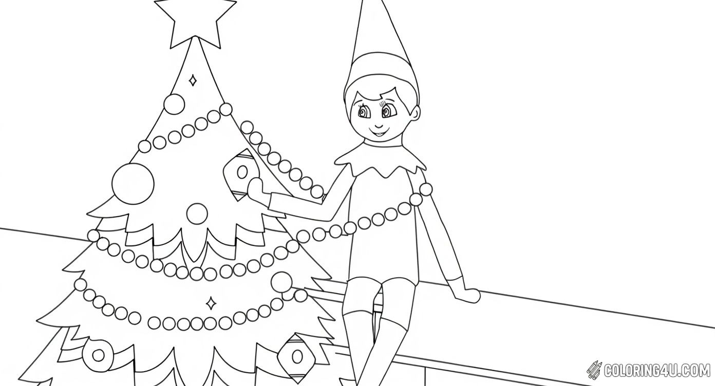 This festive coloring page shows the Elf on the Shelf joyfully decorating a beautiful Christmas tree adorned with lights, ornaments, and garlands. Children can enjoy coloring this scene full of holiday spirit and charming details.