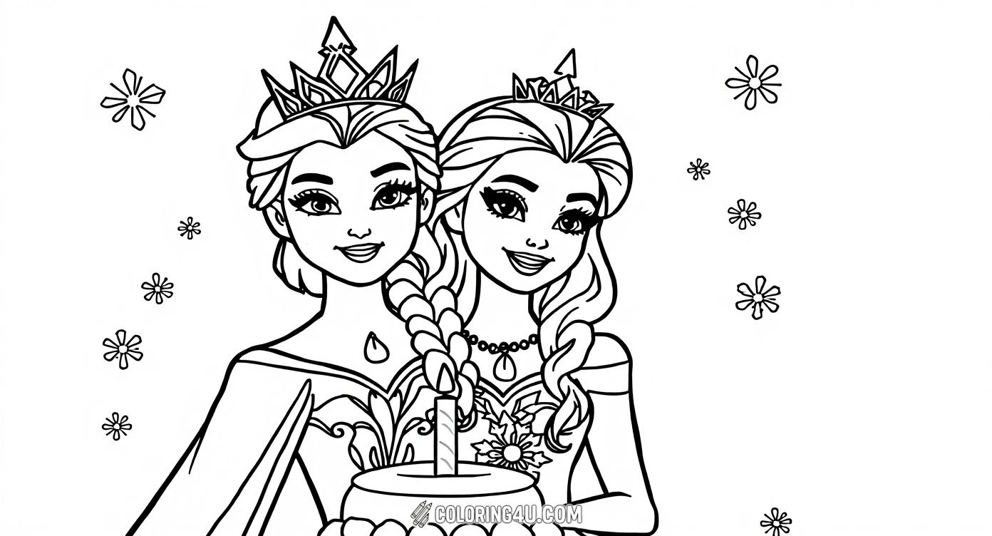 This fun and cheerful coloring page features Elsa from Disney's Frozen and Barbie celebrating a birthday together with a cake and smiling faces. Kids can enjoy bringing this special party scene to life with their favorite colors and celebrate friendship and joy.