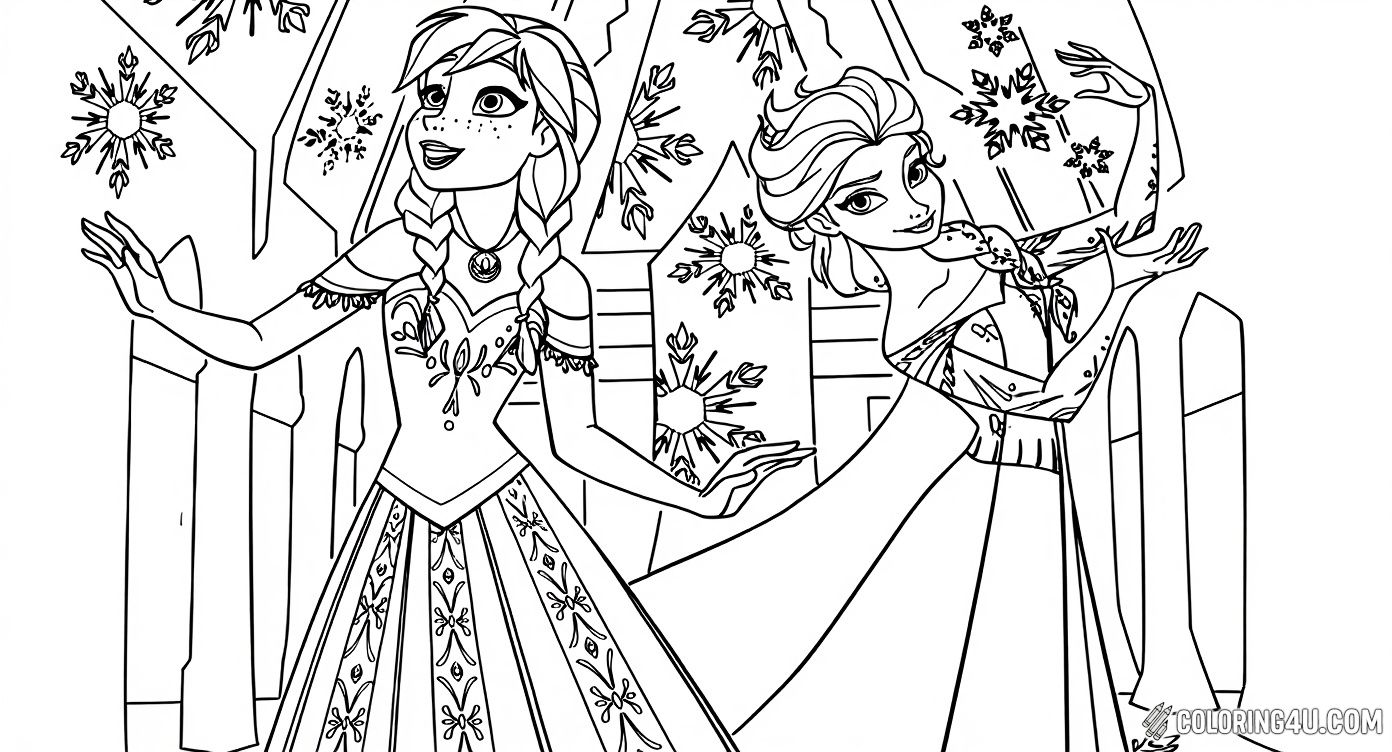 Elsa Anna Sisters In Ice Palace Coloring Page