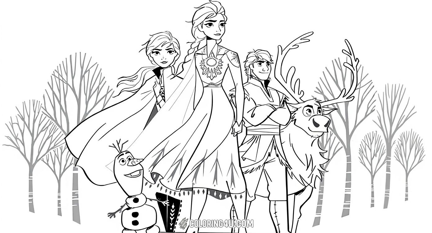 This exciting coloring sheet features the main characters from Disney's Frozen 2: Elsa, her sister Anna, Olaf the snowman, Kristoff, and Sven the reindeer, standing together in a snowy forest. Kids will love coloring their favorite heroes from the movie in this bold and adventurous scene.