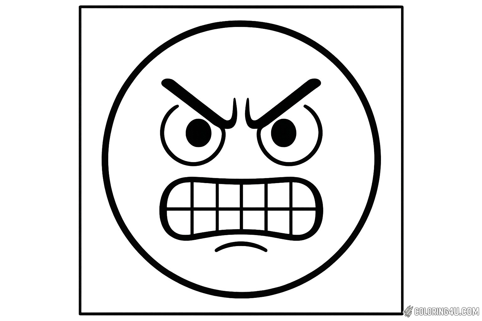 This coloring page features an expressive angry emoji with furrowed brows and a fierce grin. The bold outlines make it easy for kids to color in the exaggerated features, capturing the intensity of anger. Perfect for exploring emotions, this page encourages creativity while kids choose vibrant colors to bring this fierce face to life.