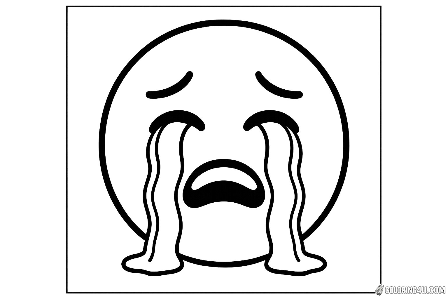 This coloring page features a large, expressive crying emoji, complete with big tears flowing down its cheeks. The round face shows a frown and raised eyebrows, capturing a sense of sadness. Kids can use bright colors to bring this emoji to life, adding their own flair to its emotional expression. Perfect for exploring feelings through art!