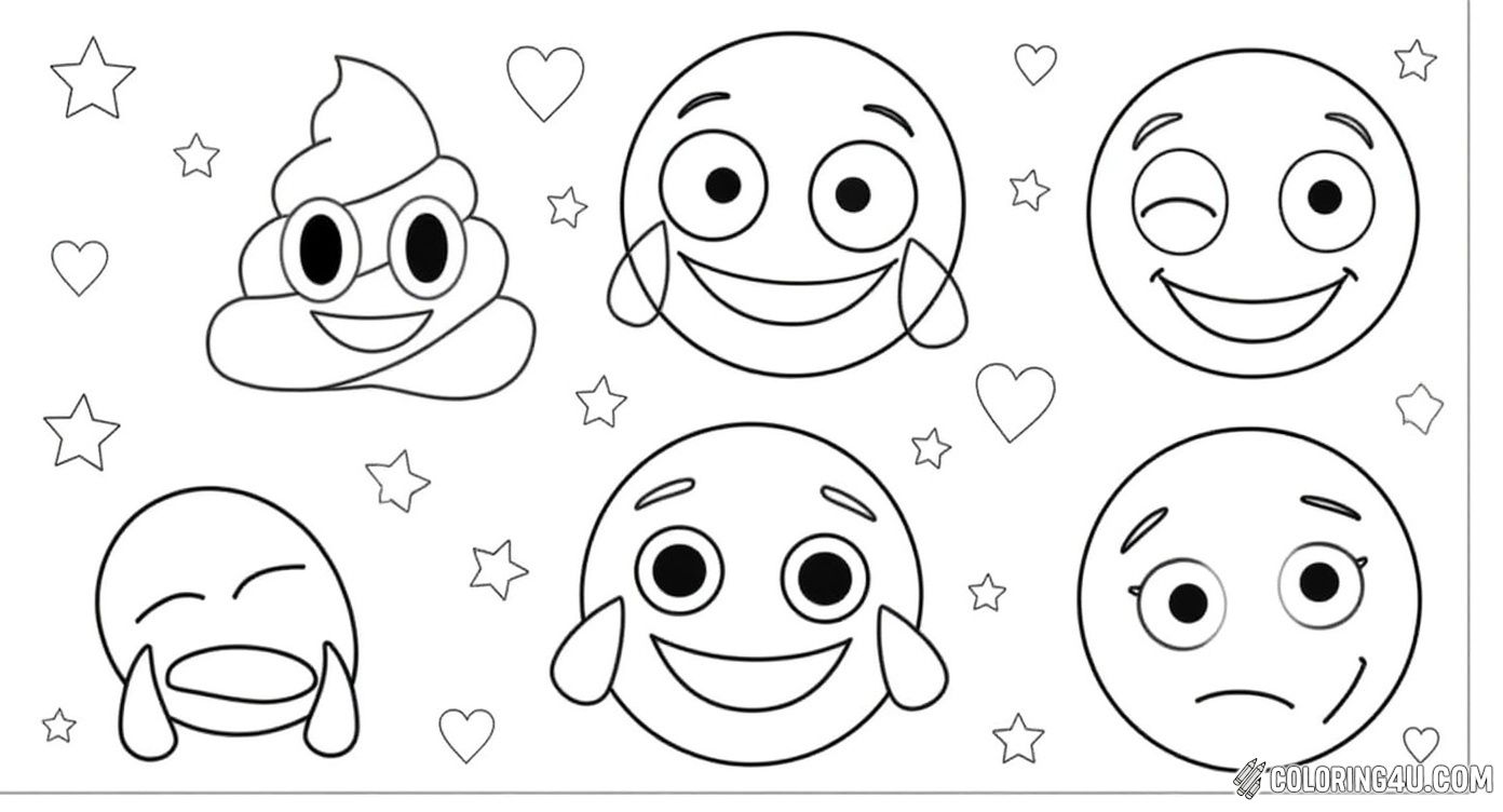 This coloring page features four lively and fun emojis with playful expressions including a smiling poop emoji, a winking face sticking its tongue out, a heart-eyed emoji, and a laughing emoji with tears. Surrounding them are cute stars and hearts, making it a joyful and charming picture that kids will love to color and bring to life.