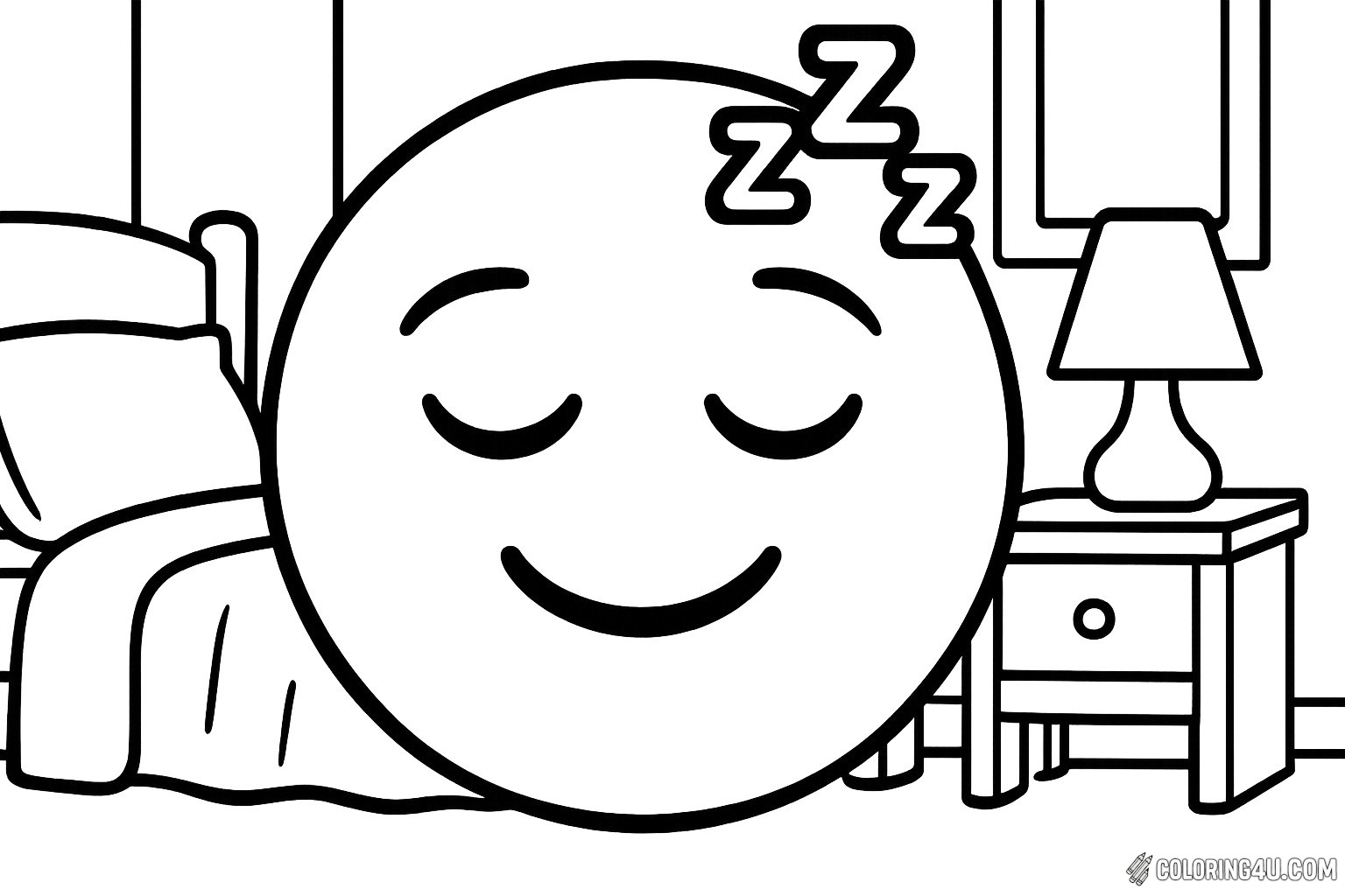 A cheerful sleeping emoji rests peacefully in a cozy bedroom, eyes closed and a content smile on its face. Soft 'Zzz' symbols float above its head, capturing the essence of a serene nap. The background features a comfy bed with fluffy pillows and a bedside lamp, inviting kids to add their favorite colors to this tranquil scene. Perfect for a calming coloring session!
