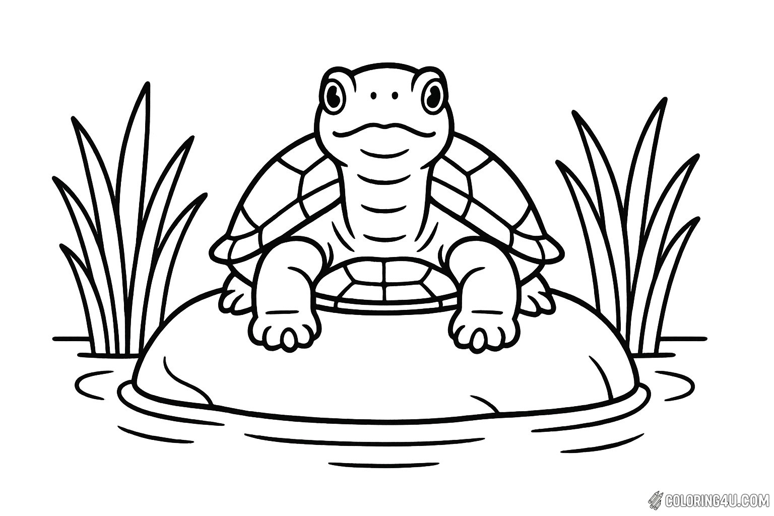 A serene turtle sits calmly on a smooth rock, surrounded by gentle ripples of water and tall grass. Its friendly eyes and relaxed posture invite you to color in shades of green and brown, creating a peaceful scene. Perfect for young artists, this coloring page encourages creativity while promoting a sense of tranquility and connection with nature.