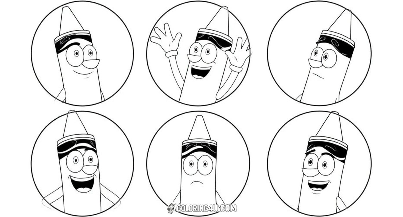 This fun coloring page features a happy Crayola crayon character showing six different emotions in circular frames. Kids will enjoy coloring and exploring each expressive face, from excitement to curiosity, helping them learn about emotions in a playful way.