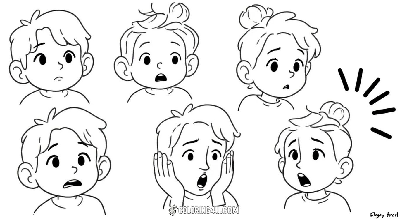 This set of coloring pages includes playful characters depicting the emotions 'curious' and 'shocked.' These expressive figures help children understand and express these specific feelings through creative coloring fun.