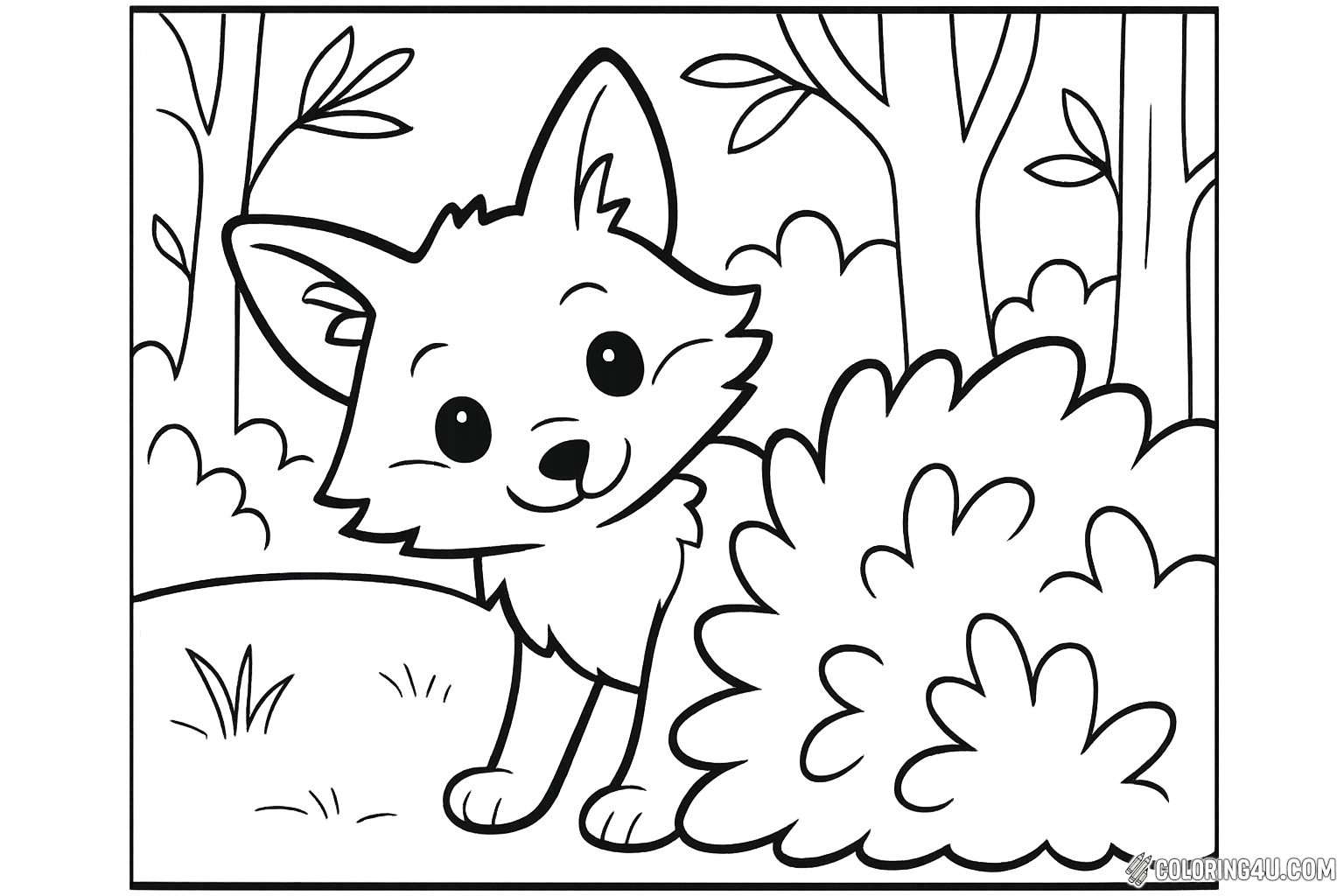 A curious fox peeks out from behind a bush, its big, bright eyes sparkling with wonder. The playful expression on its face invites you to join in its adventure through the forest. Surrounded by trees and soft grass, this charming scene is perfect for coloring, allowing kids to bring the fox's world to life with vibrant hues and imaginative designs.