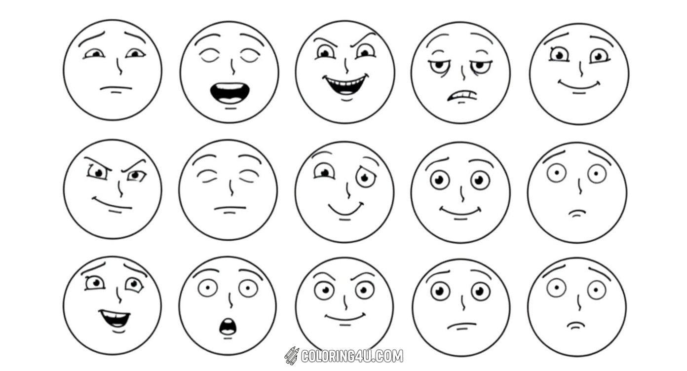 This coloring page features a variety of simple round faces each showing a different emotion such as sadness, anger, confusion, surprise, and happiness. Kids can enjoy coloring these faces while learning to recognize different feelings.