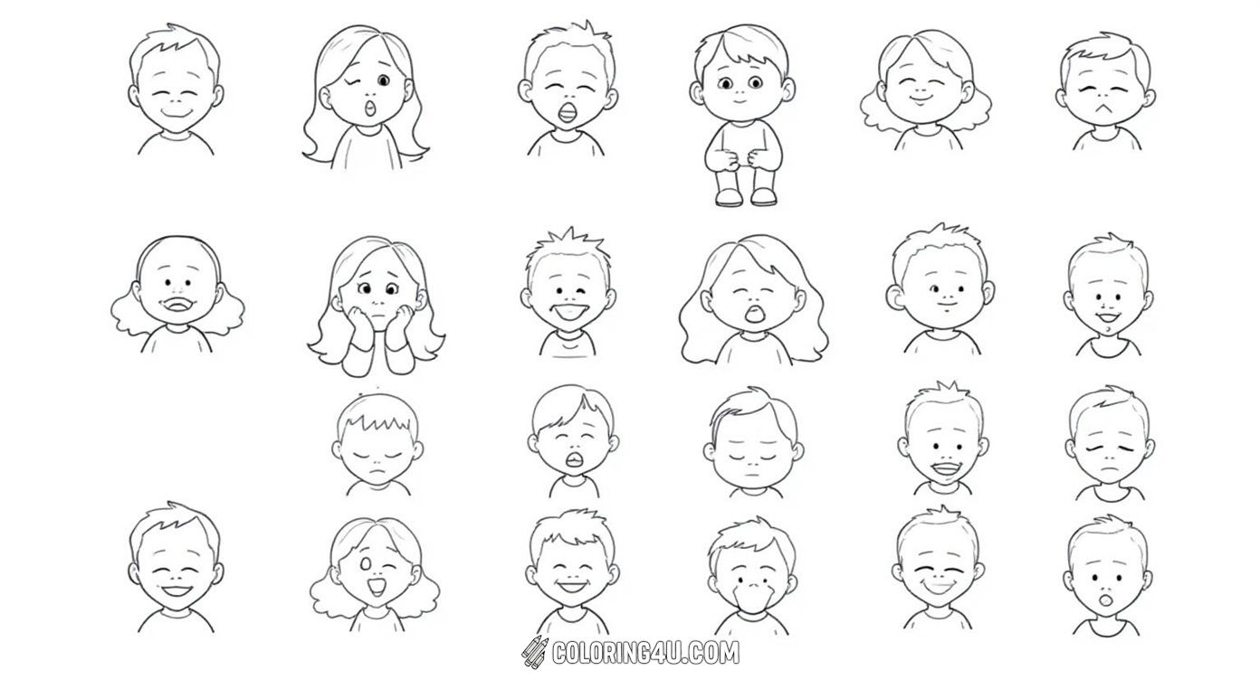 This coloring page shows cute kids expressing different feelings and emotions like happy, thankful, excited, shy, confused, sad, worried, scared, and angry. It's a fun way for kids to learn about emotions by coloring each child's expression!
